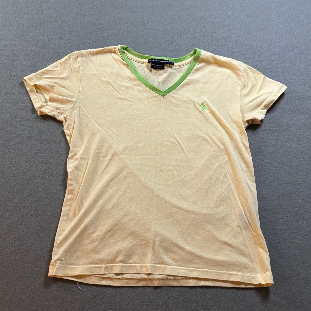 Y2K Ralph Lauren Sport V-Neck T Shirt Womens S Yellow Green Ringer Preppy